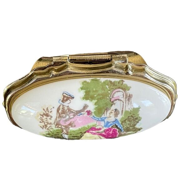 Vintage Victorian Porcelain Lipstick Holder Mirror Gold-Tone Metal - Picture 7 of 7